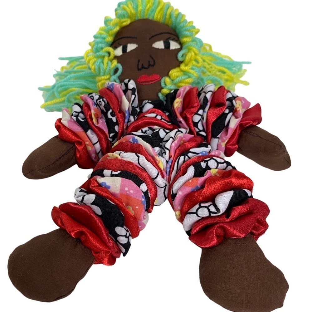 Handmade Black Fabric YoYo Yarn Haired Folk Art Doll Size 9”X11”  New Condition